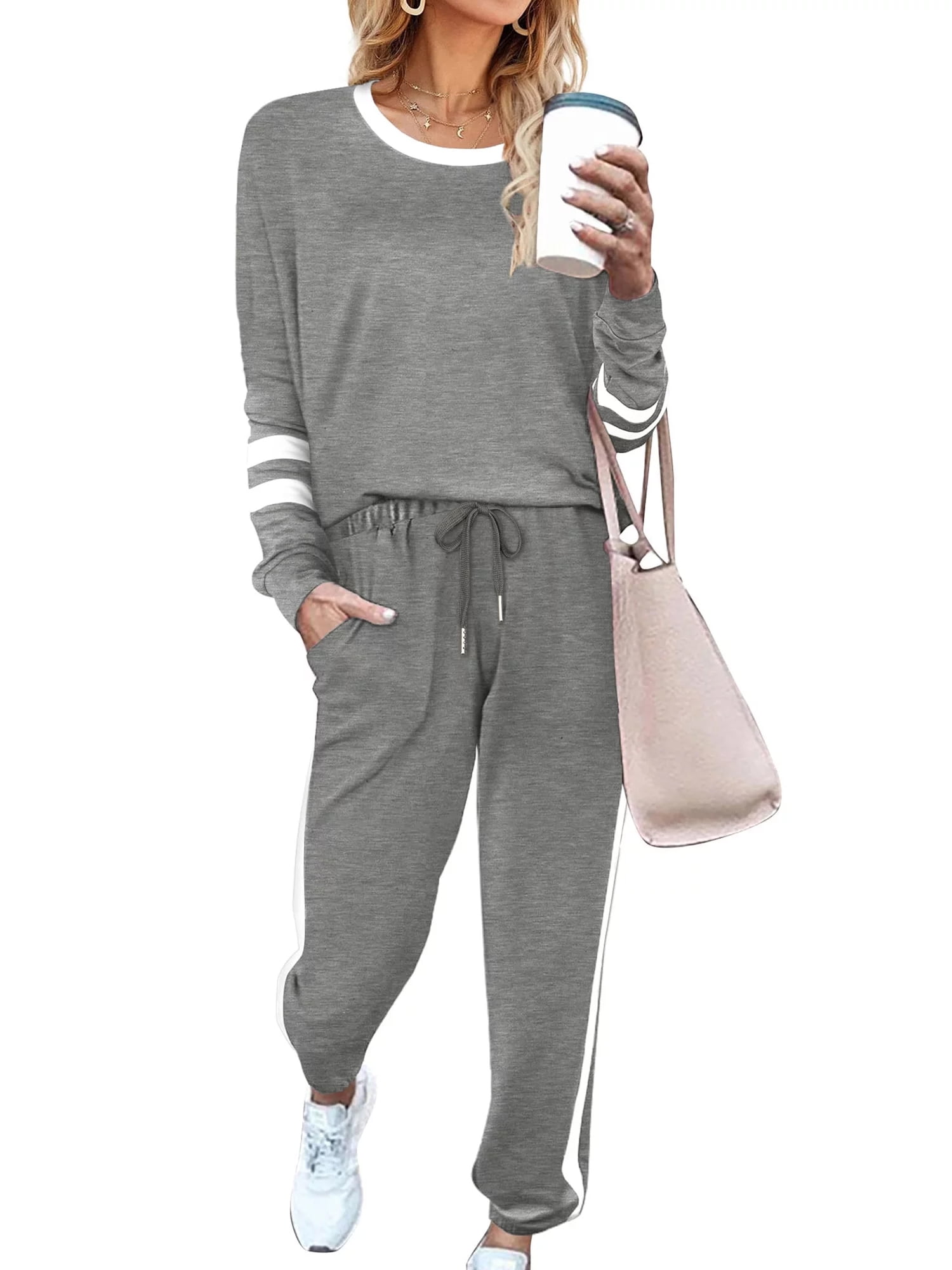 UVN Sweatsuits Womens 2pcs 세트 조깅 세트 캐주얼 2 피스 복장 스트라이프 스웨터 Long Tracksuits